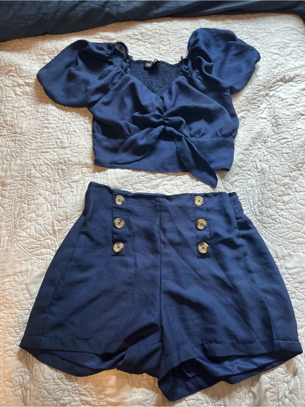 Love by Chelsey Navy Two-Piece Set with Button Detail
